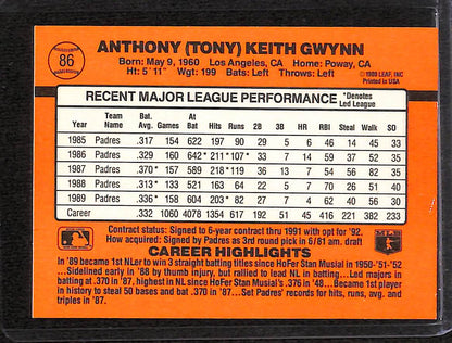 FIINR Baseball Card 1990 Donruss Tony Gwynn Baseball Error Card #86 - Error Card - Mint Condition
