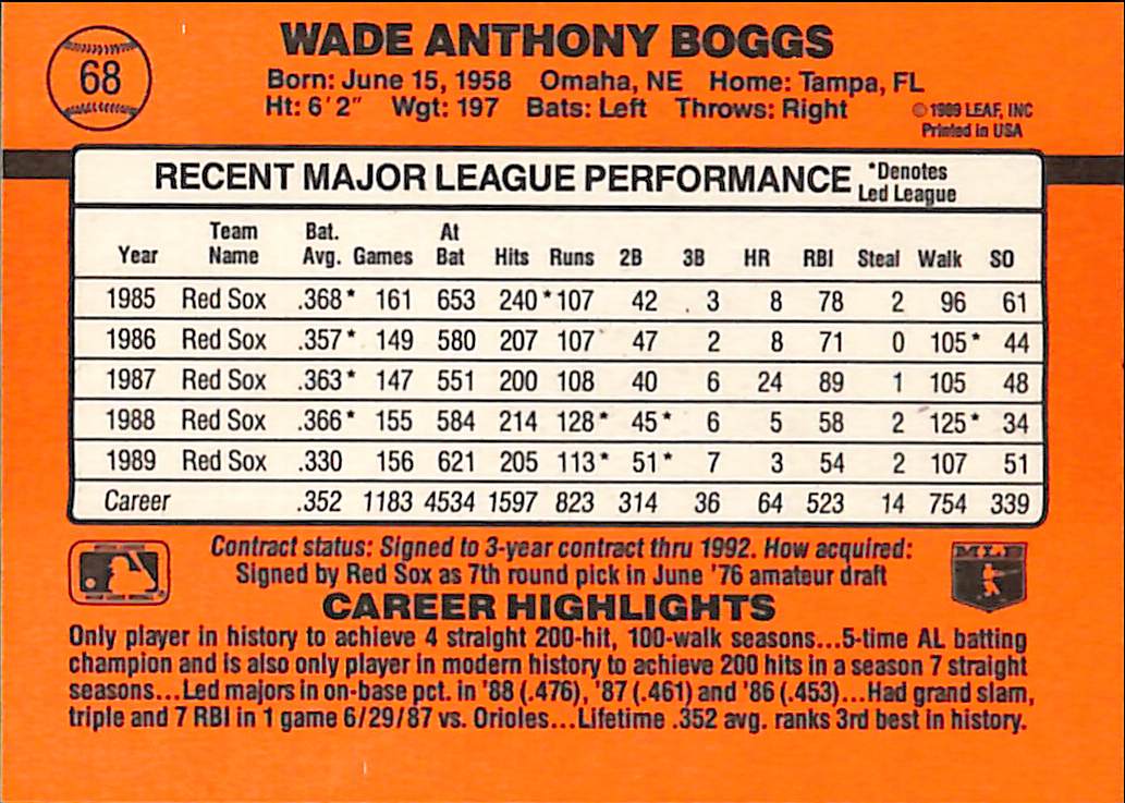 FIINR Baseball Card 1990 Donruss Wade Boggs Baseball Error Card  #68 - Error Card - Mint Condition