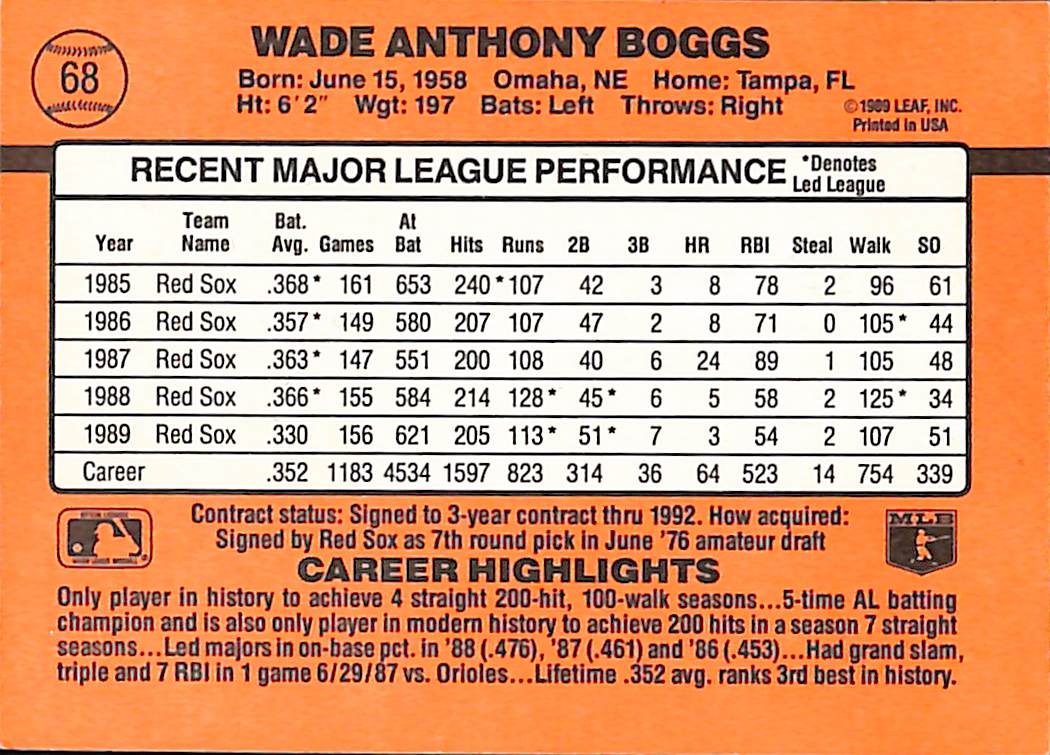 FIINR Baseball Card 1990 Donruss Wade Boggs MLB Baseball Card #68 - Mint Condition