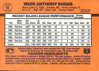 FIINR Baseball Card 1990 Donruss Wade Boggs MLB Baseball Card #68 - Mint Condition