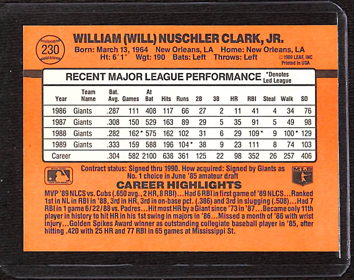 FIINR Baseball Card 1990 Donruss Will Clark Baseball Player Error Card #230 - Error Card - Mint Condition