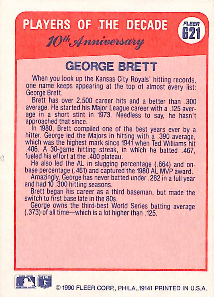 FIINR Baseball Card 1990 Fleer 10th Anniversary George Brett MLB Baseball Card #621 - Mint Condition