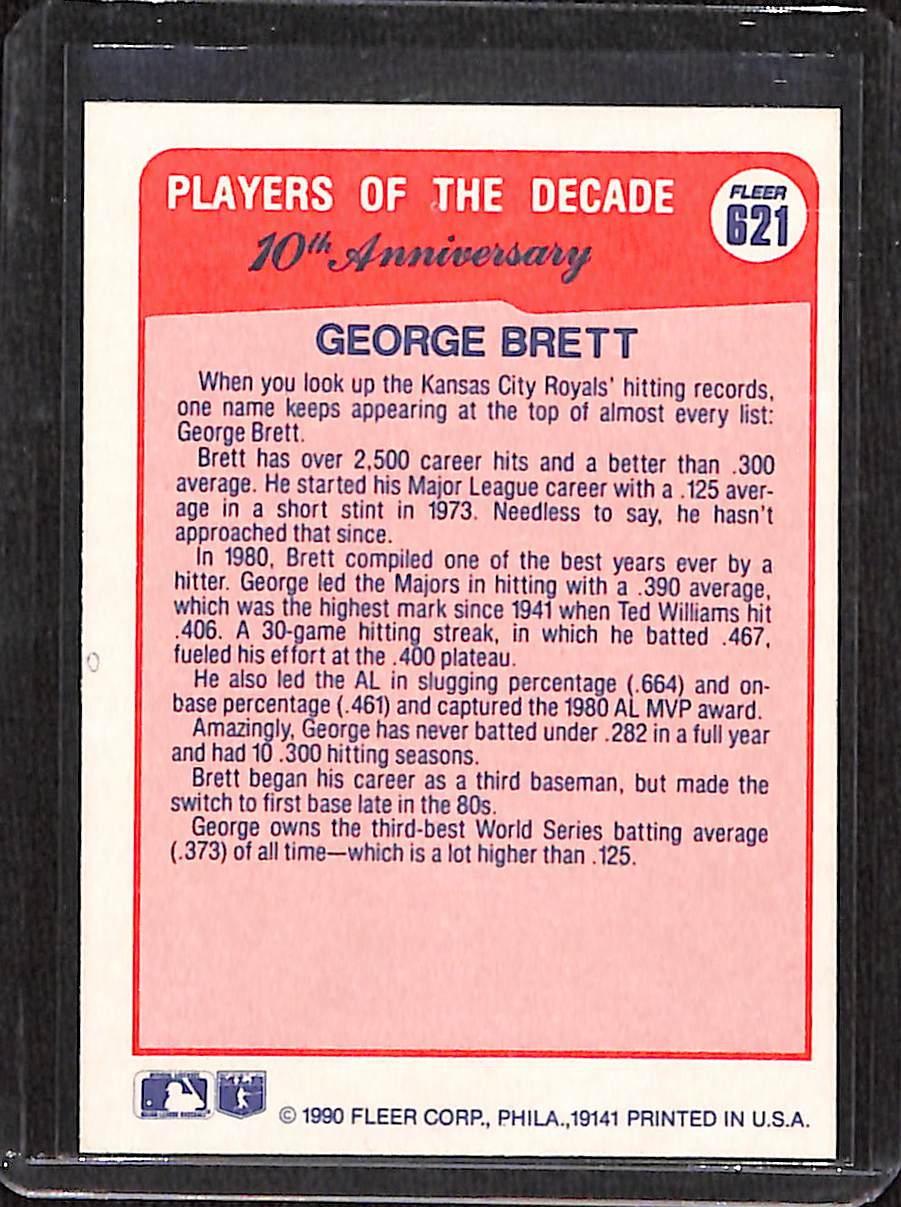 FIINR Baseball Card 1990 Fleer 10th Anniversary George Brett MLB Baseball Card #621 - Mint Condition