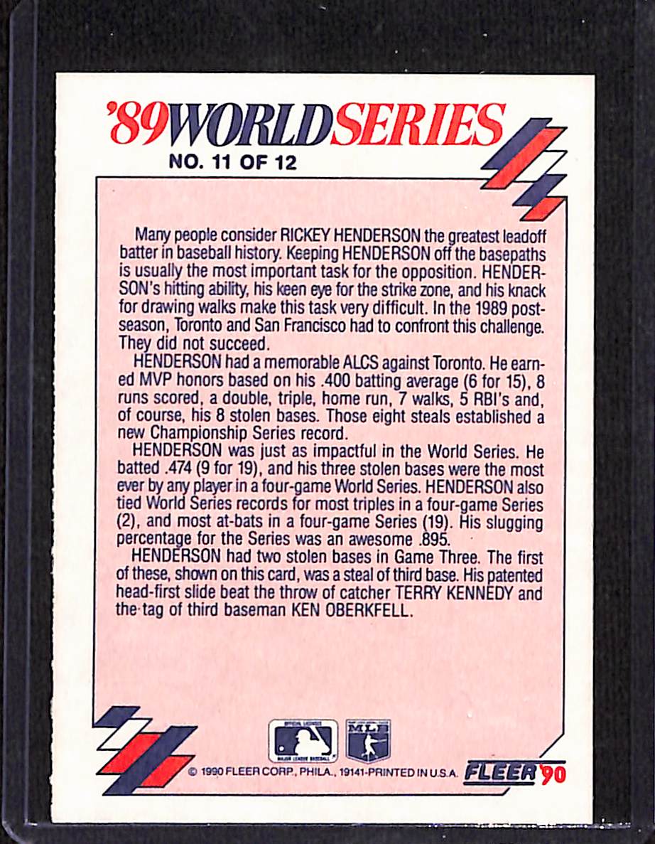 FIINR Baseball Card 1990 Fleer "89 World Series Rickey Henderson Vintage Baseball Card #11 - Mint Condition