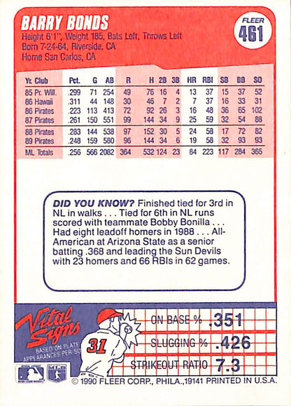 FIINR Baseball Card 1990 Fleer Barry Bonds Baseball Card #461 - Mint Condition