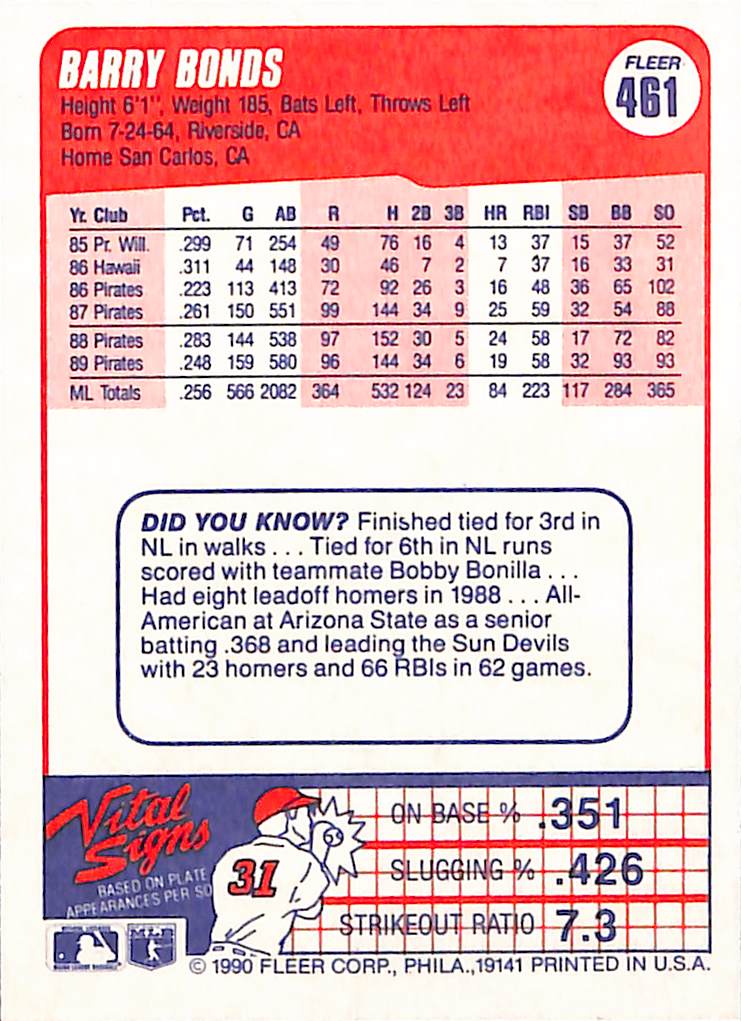 FIINR Baseball Card 1990 Fleer Barry Bonds MLB Baseball Player Card #461 - Mint Condition