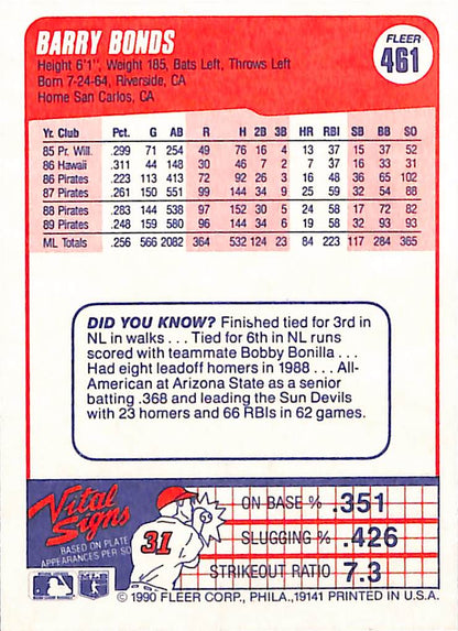 FIINR Baseball Card 1990 Fleer Barry Bonds MLB Baseball Player Card #461 - Mint Condition