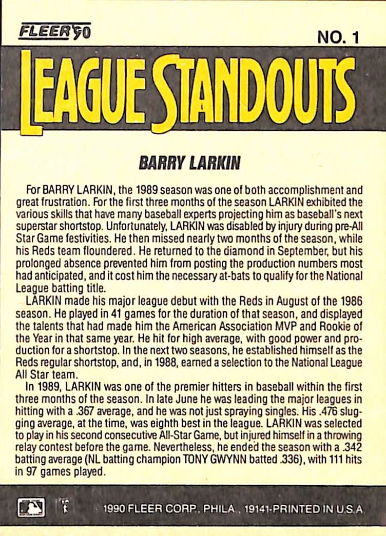FIINR Baseball Card 1990 Fleer Barry Larkin Vintage MLB Baseball Card #1 - Mint Condition