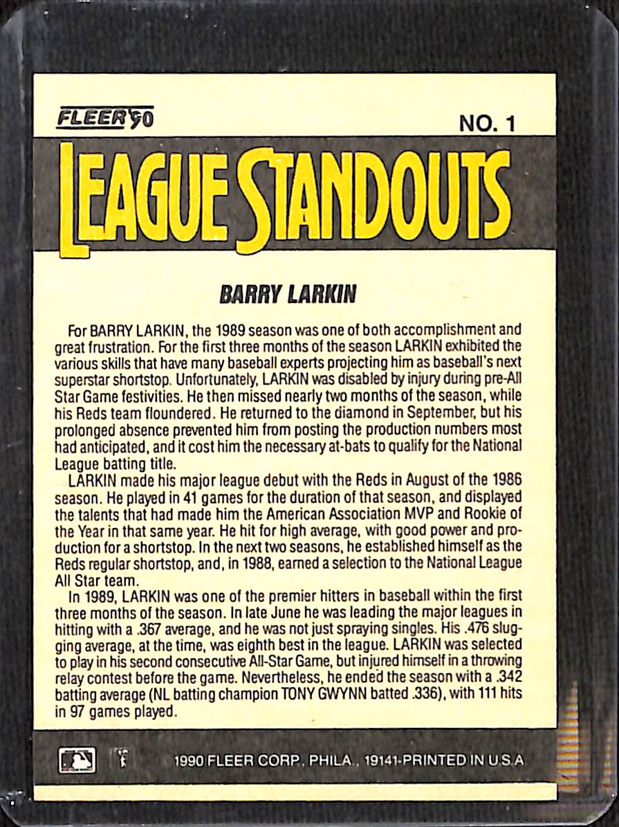 FIINR Baseball Card 1990 Fleer Barry Larkin Vintage MLB Baseball Card #1 - Mint Condition