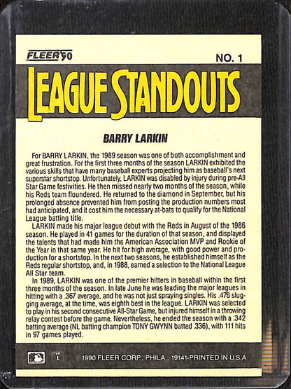 FIINR Baseball Card 1990 Fleer Barry Larkin Vintage MLB Baseball Card #1 - Mint Condition