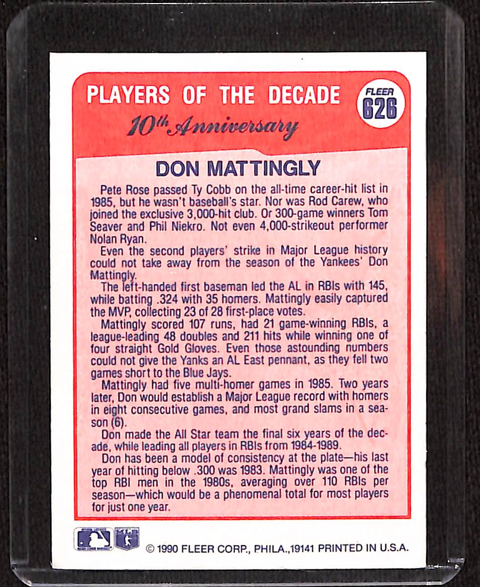 FIINR Baseball Card 1990 Fleer Don Mattingly Player of the Decade Baseball Card #626 - Mint Condition