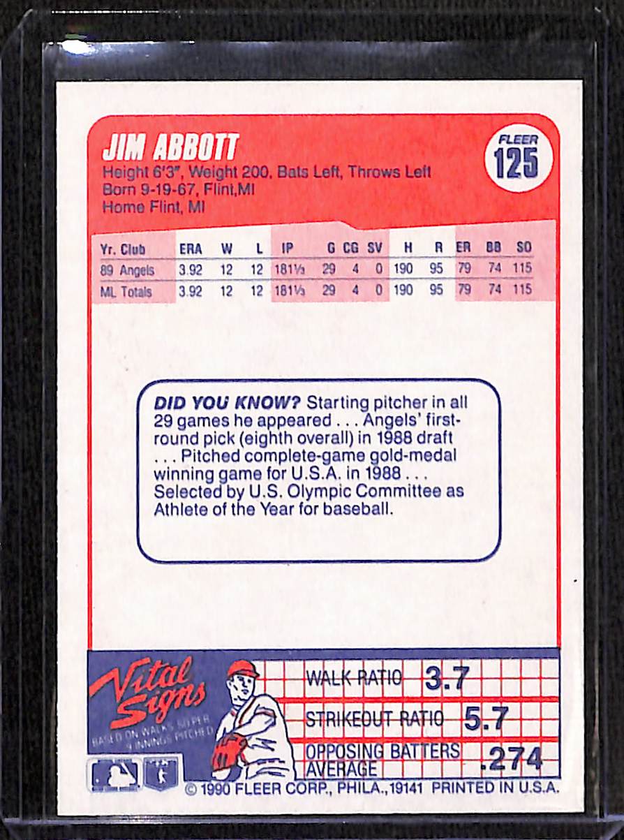 FIINR Baseball Card 1990 Fleer Jim Abbott MLB Baseball Card #125 - Mint Condition