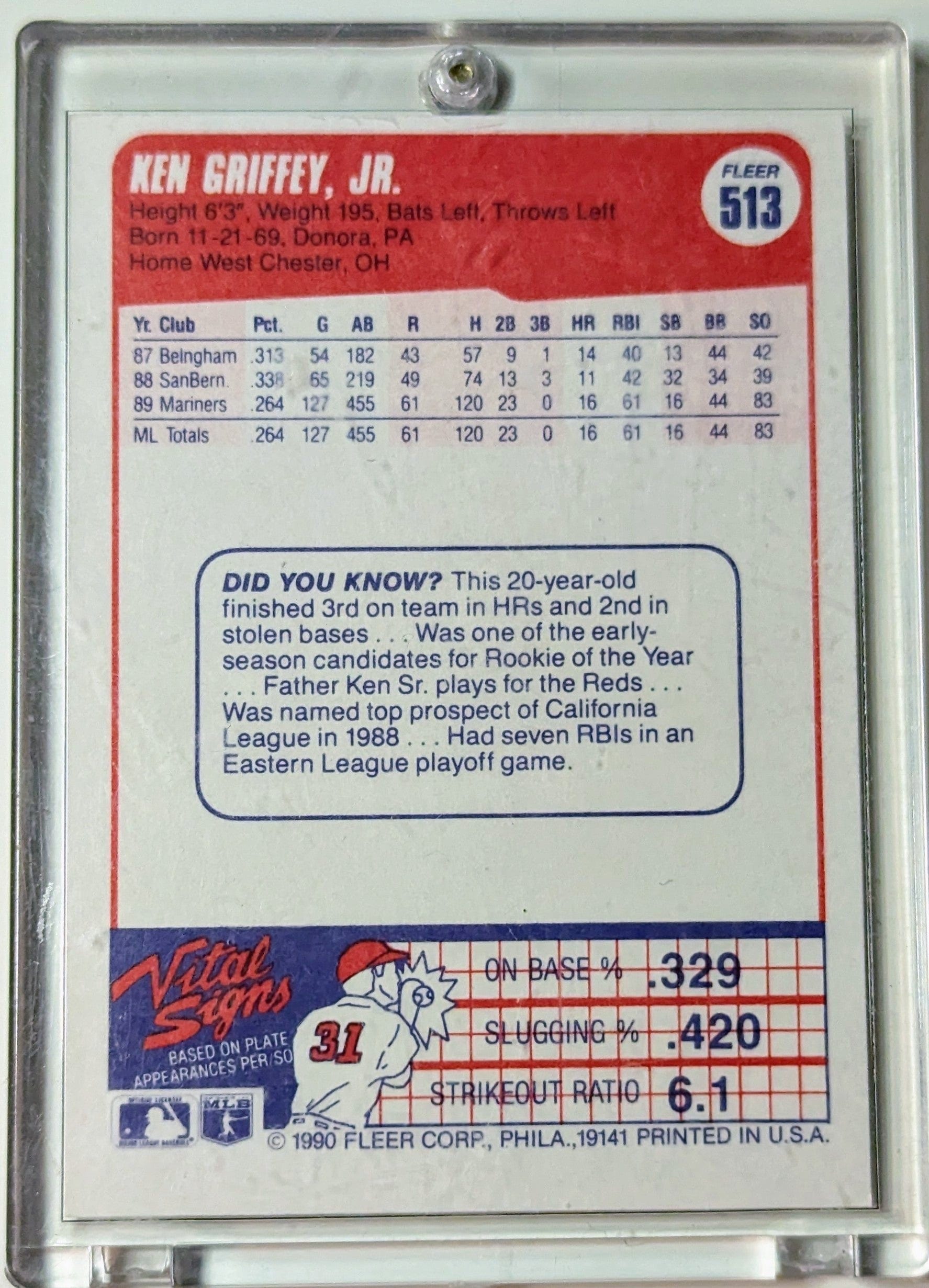 FIINR Baseball Card 1990 Fleer Ken Griffey Jr. MLB Baseball Error Card - Blue Dot Error Card - Mint Condition