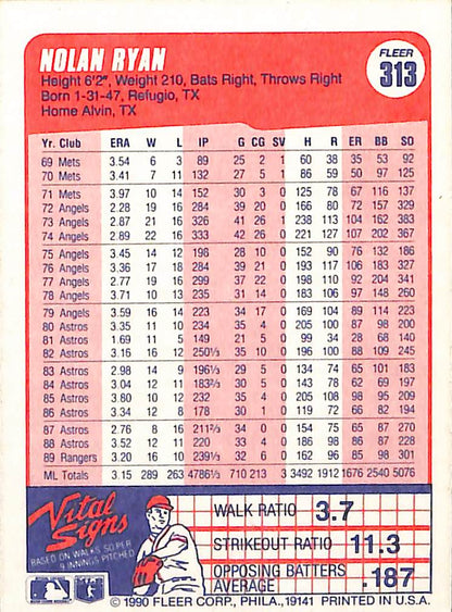 FIINR Baseball Card 1990 Fleer Nolan Ryan MLB Baseball Player Card #313 - Mint Condition