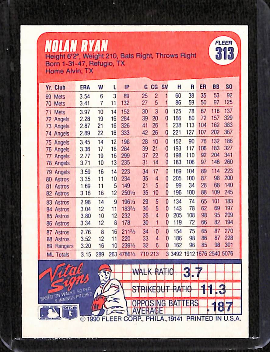 FIINR Baseball Card 1990 Fleer Nolan Ryan MLB Baseball Player Card #313 - Mint Condition