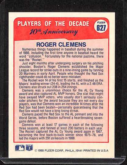 FIINR Baseball Card 1990 Fleer Players of the Decade Roger Clemens Baseball Card #627 - Mint Condition