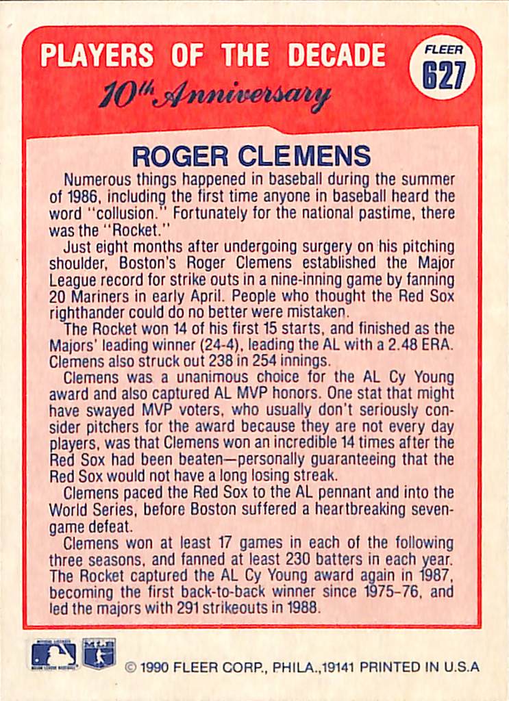 FIINR Baseball Card 1990 Fleer Players of the Decade Roger Clemens Baseball Card #627 - Mint Condition