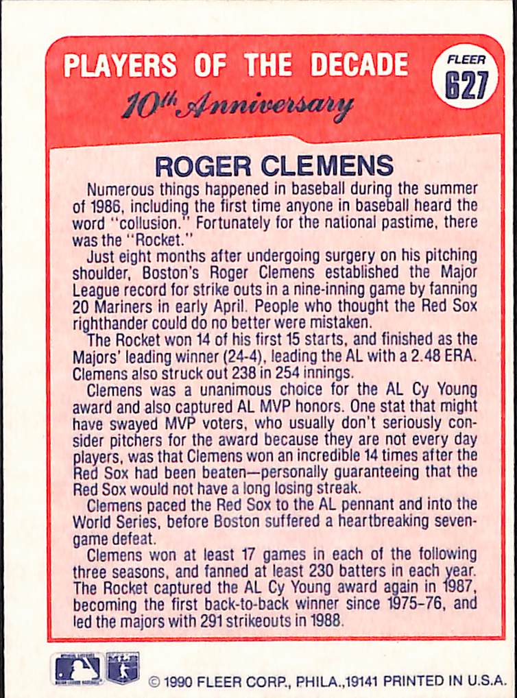 FIINR Baseball Card 1990 Fleer Players of the Decade Roger Clemens Baseball Error Card #627 - Miss Cut - Mint Condition