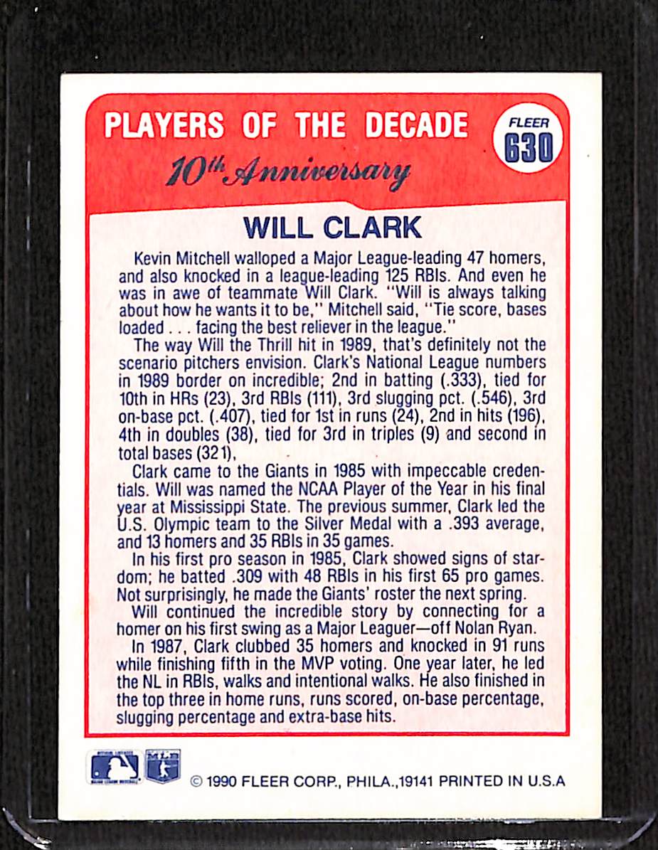 FIINR Baseball Card 1990 Fleer Players of the Decade Will Clark MLB Baseball Player Card #630 - Ok Condition