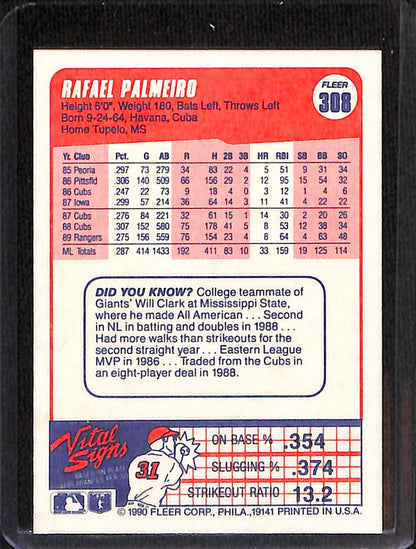 FIINR Baseball Card 1990 Fleer Rafael Palmeiro MLB Baseball Card #308 - Mint Condition