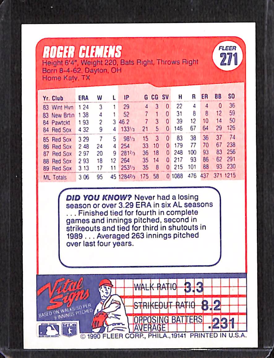 FIINR Baseball Card 1990 Fleer Roger Clemens MLB Baseball Card #271 - Mint Condition