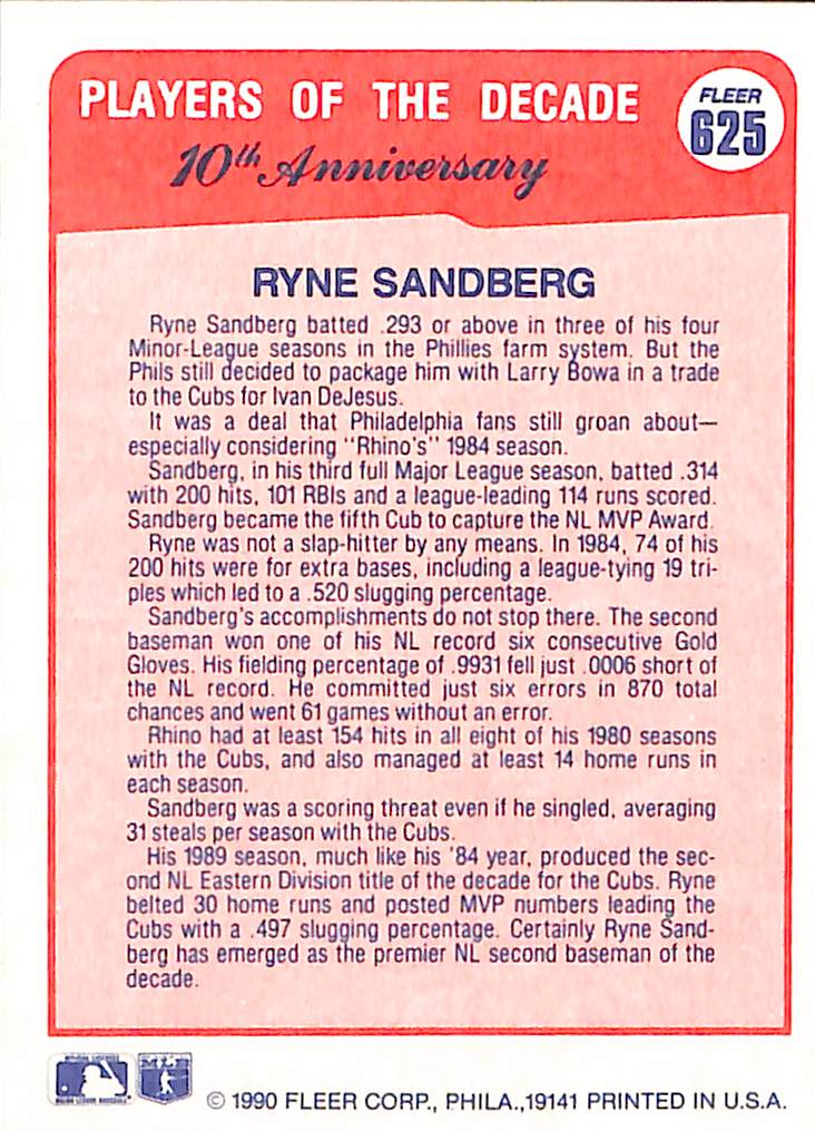 FIINR Baseball Card 1990 Fleer Ryne Sandberg Baseball Card #360 - Mint Condition