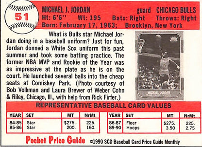 FIINR Baseball Card 1990 Scd Michael Jordan MLB Baseball Card #51 - Pristine - Mint Condition