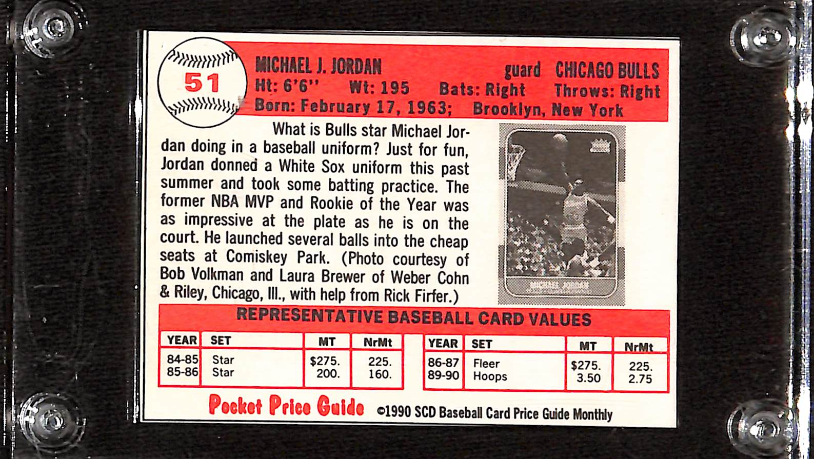 FIINR Baseball Card 1990 Scd Michael Jordan MLB Baseball Card #51 - Pristine - Mint Condition