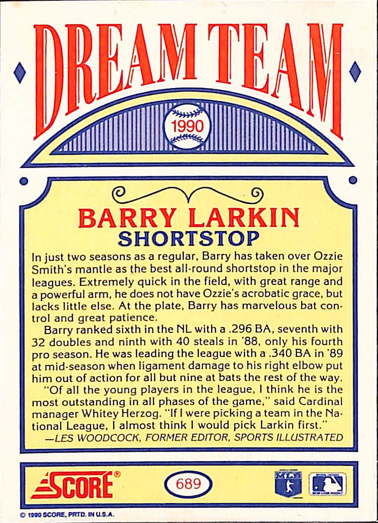 FIINR Baseball Card 1990 Score Barry Larkin Vintage MLB Baseball Card #689 - Mint Condition