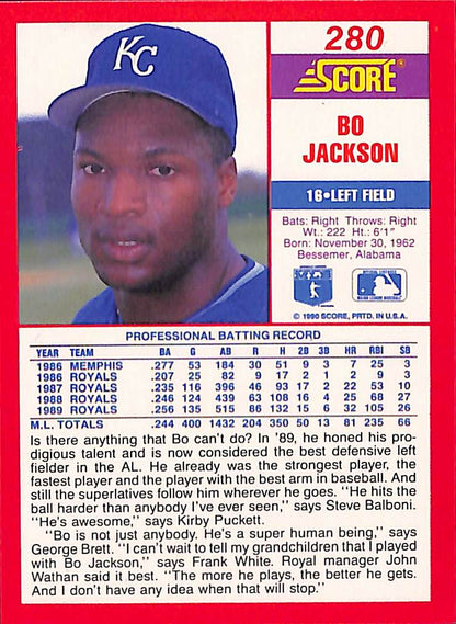 FIINR Baseball Card 1990 Score Bo Jackson MLB Baseball Card Royals #280 - Mint Condition