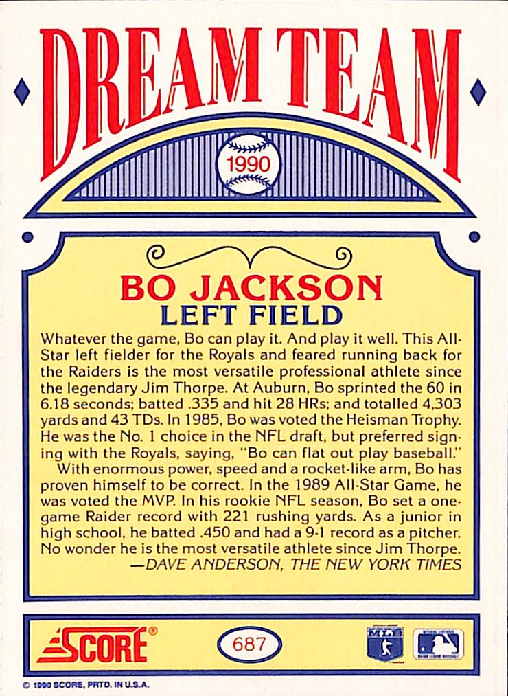 FIINR Baseball Card 1990 Score Bo Jackson MLB Baseball Card Royals #687 - Mint Condition