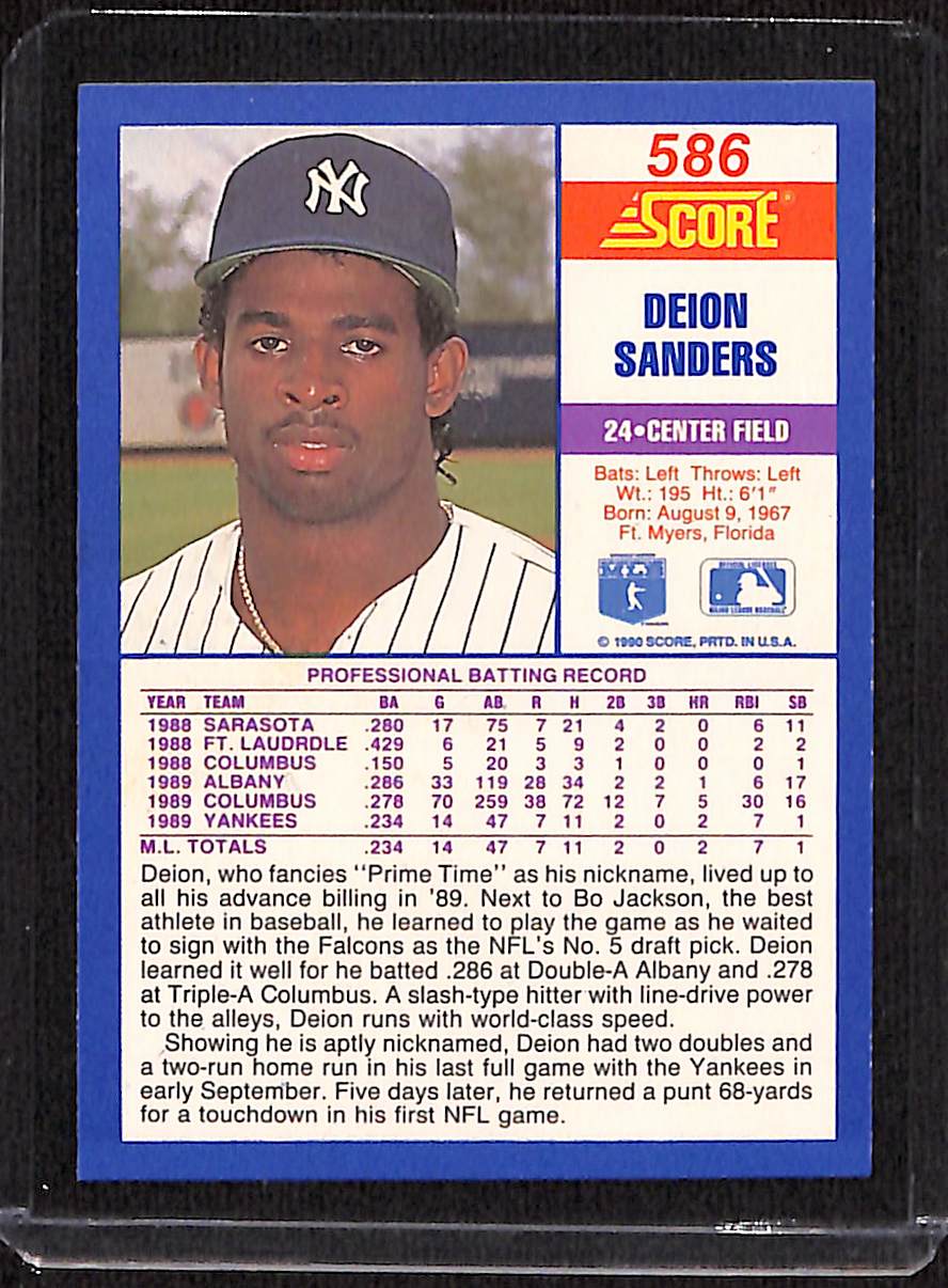 FIINR Baseball Card 1990 Score Deion Sanders Rookie Baseball Card NY Yankees #586 - Rookie Card - Mint Condition