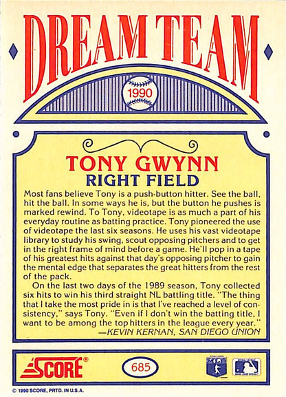 FIINR Baseball Card 1990 Score Dream Team Tony Gwynn MLB Baseball Card #685 - Mint Condition