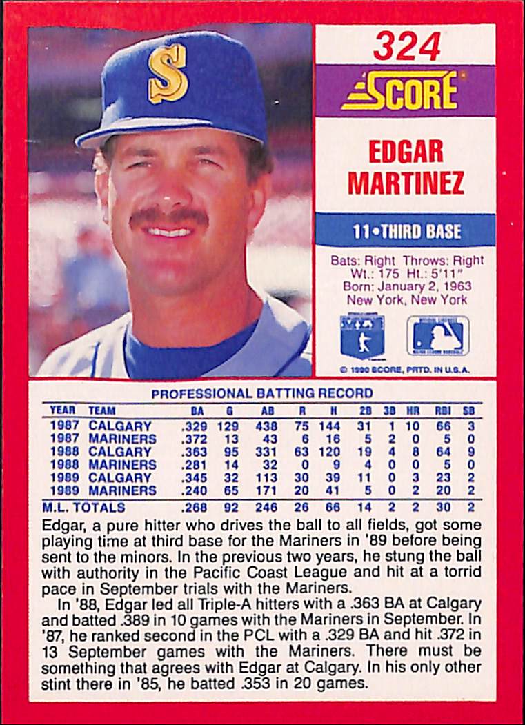 FIINR Baseball Card 1990 Score Edgar Martinez Baseball Card #324 - Mint Condition