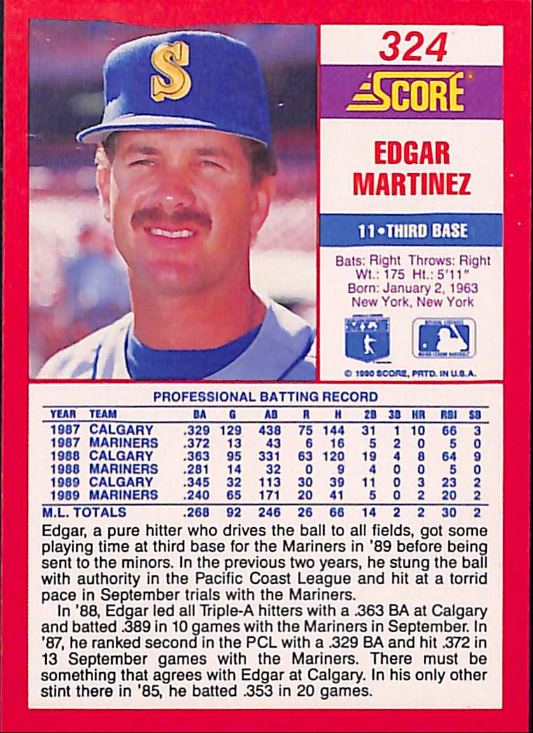 FIINR Baseball Card 1990 Score Edgar Martinez Baseball Card #324 - Mint Condition