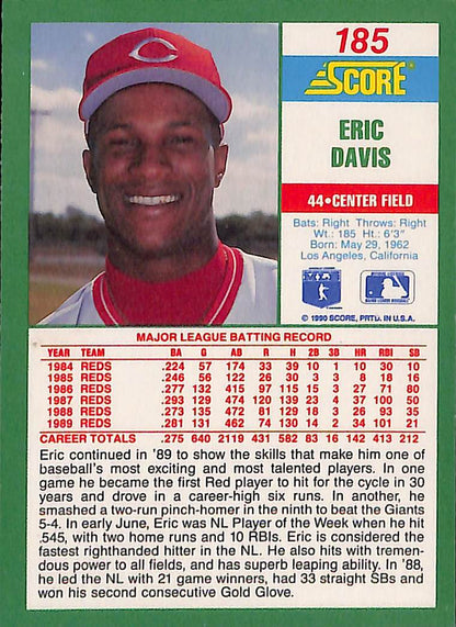 FIINR Baseball Card 1990 Score Eric Davis MLB Baseball Card #185 - Mint Condition