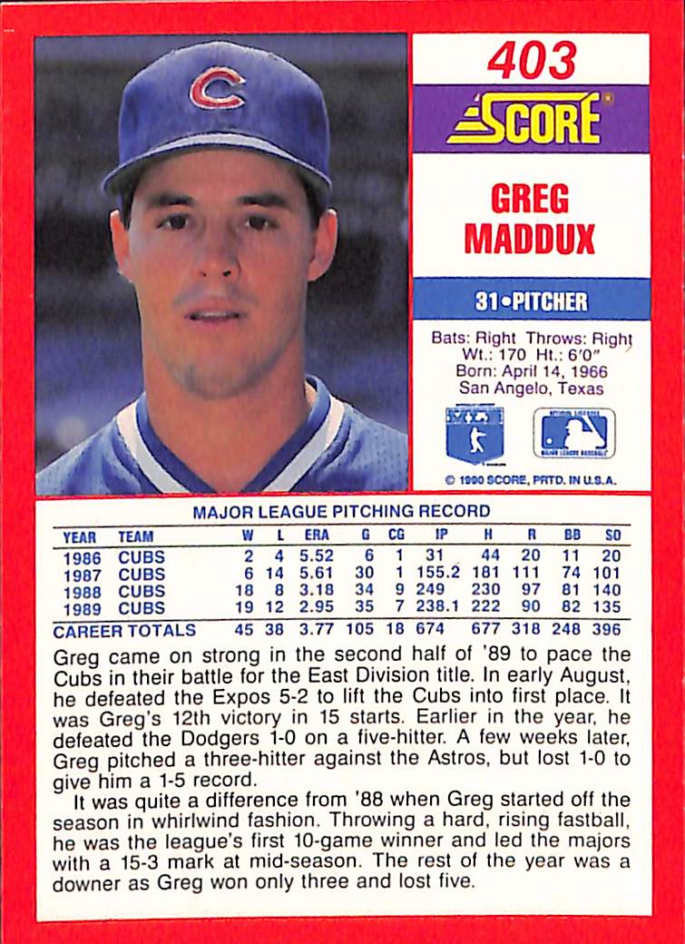 FIINR Baseball Card 1990 Score Greg Maddux MLB Baseball Card #403 - Mint Condition