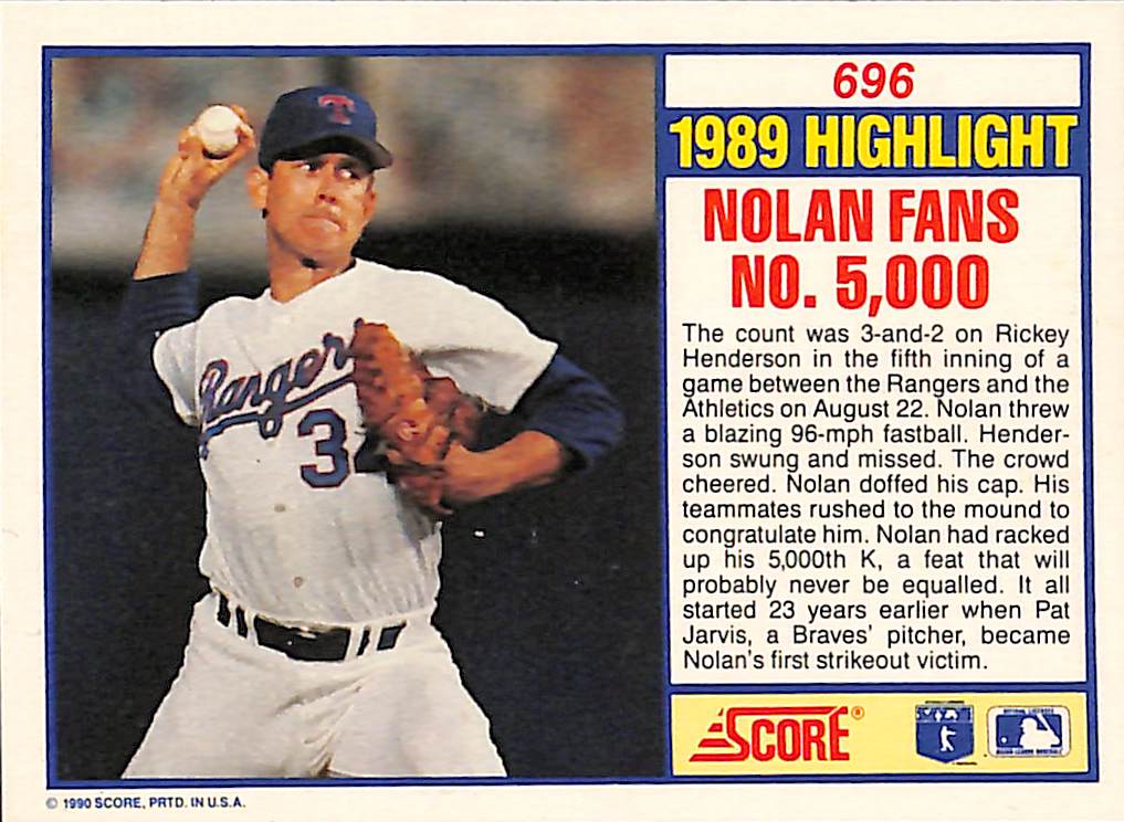 FIINR Baseball Card 1990 Score Highlights Nolan Ryan Rangers Baseball Card #696 - Mint Condition