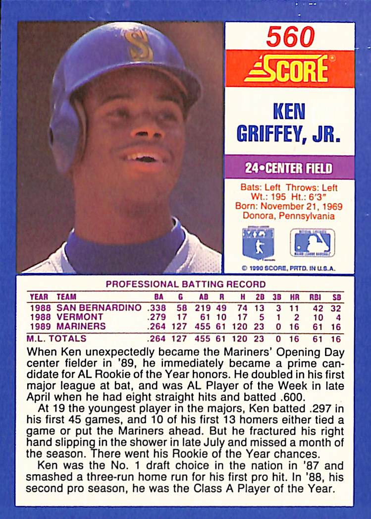 FIINR Baseball Card 1990 Score Ken Griffey Jr. MLB Baseball Card #560 - Mint Condition