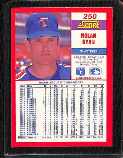 FIINR Baseball Card 1990 Score Nolan Ryan Rangers Baseball Card #250 - Mint Condition