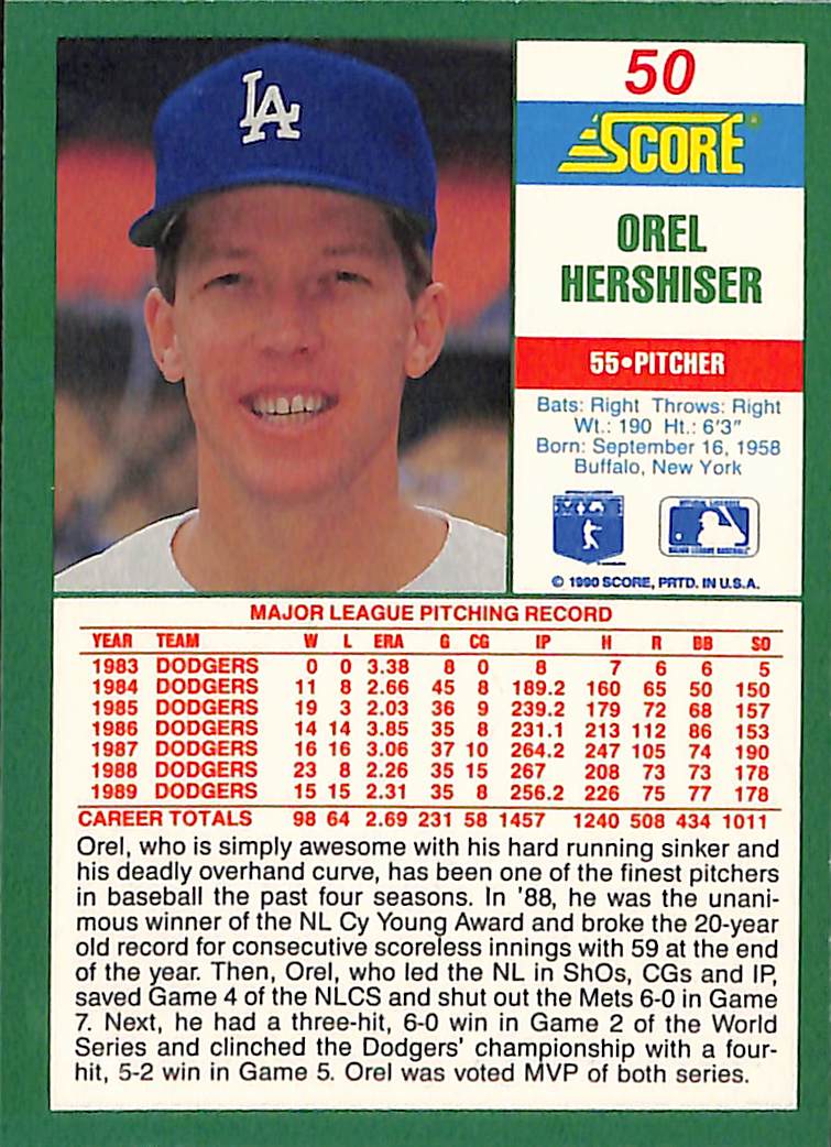 FIINR Baseball Card 1990 Score Orel Hershiser MLB Baseball Card #50 - Mint Condition