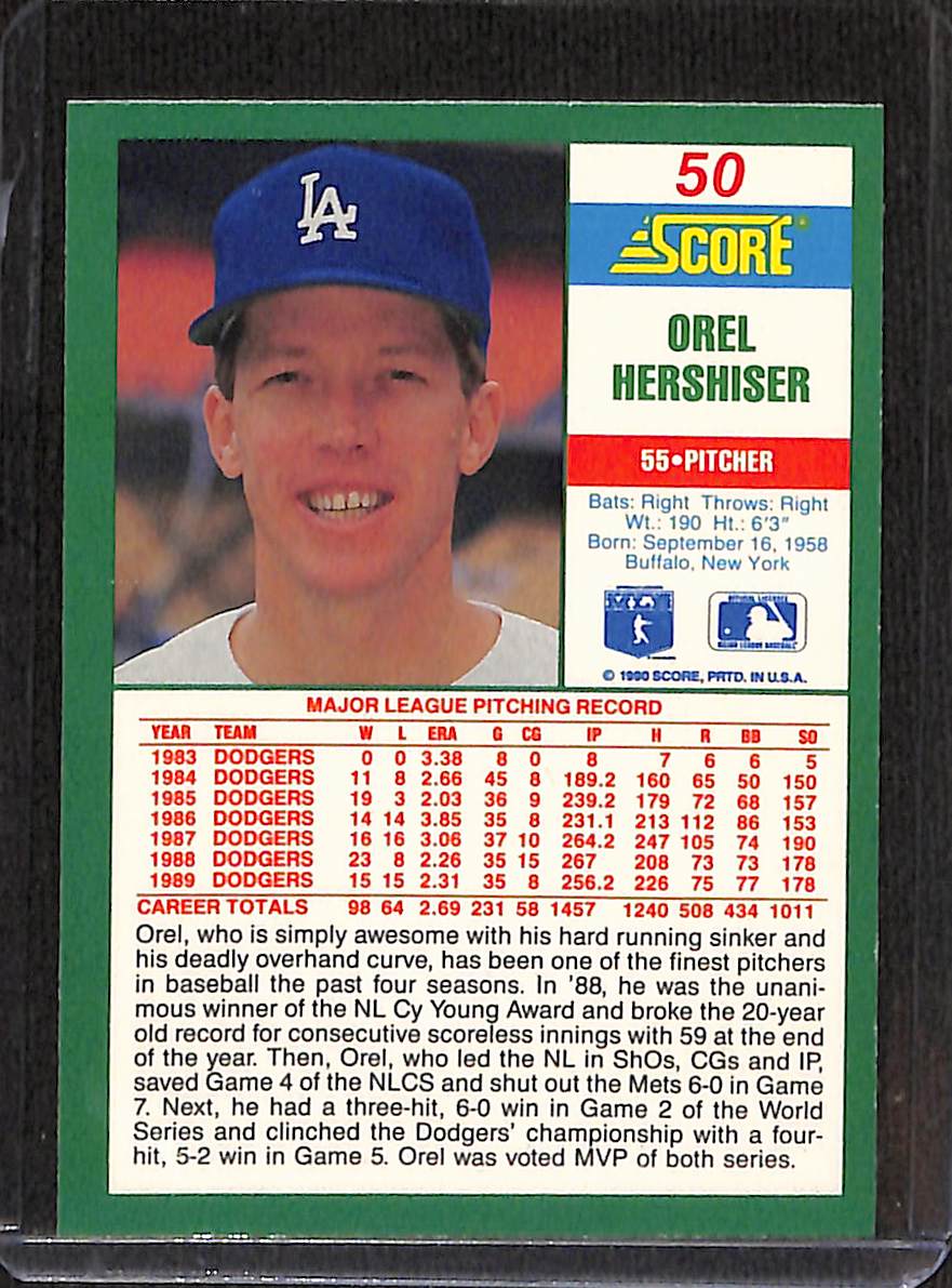 FIINR Baseball Card 1990 Score Orel Hershiser MLB Baseball Card #50 - Mint Condition