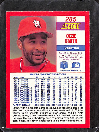 FIINR Baseball Card 1990 Score Ozzie Smith MLB Baseball Card #285 - Mint Condition
