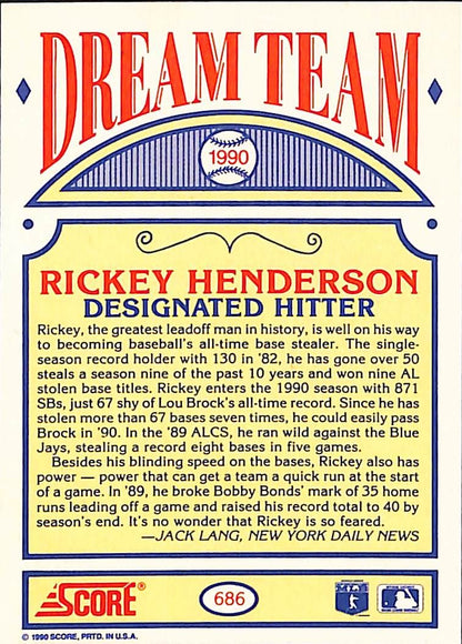 FIINR Baseball Card 1990 Score Rickey Henderson Vintage Baseball Card #696 - Mint Condition