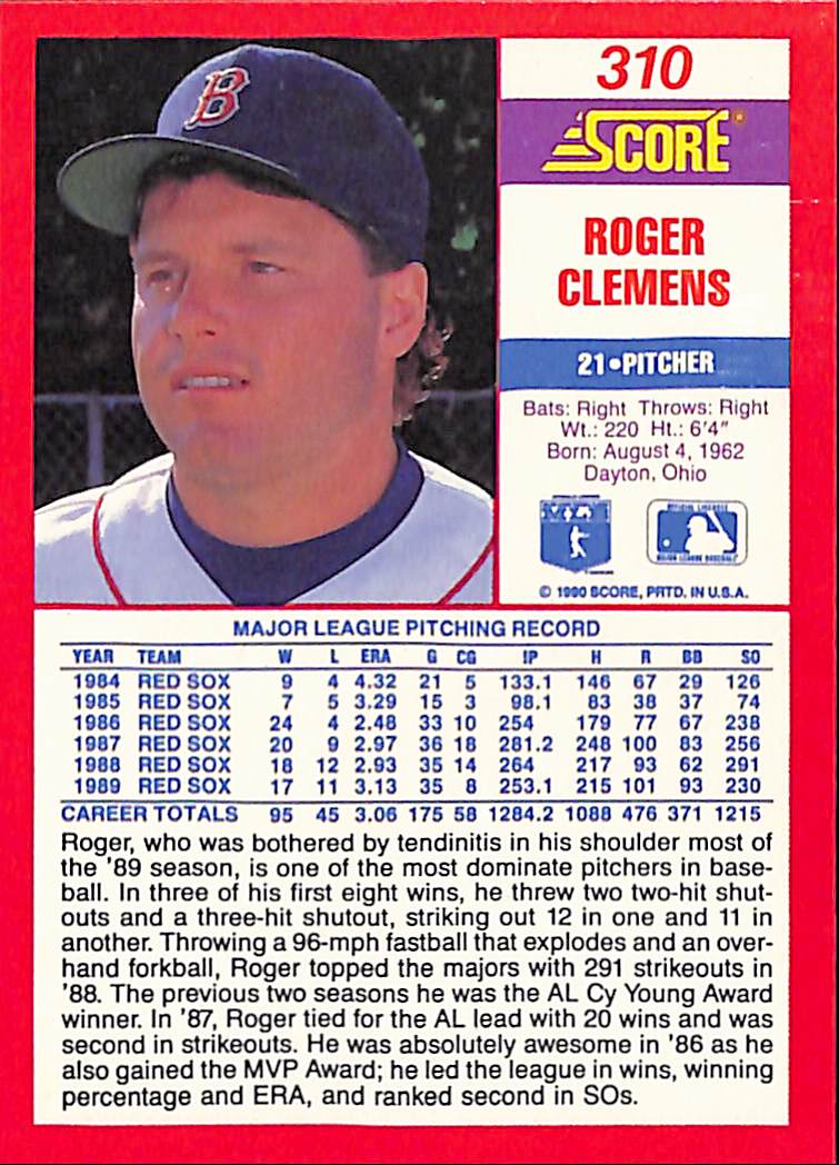 FIINR Baseball Card 1990 Score Roger Clemens MLB Baseball Card #310 - Mint Condition