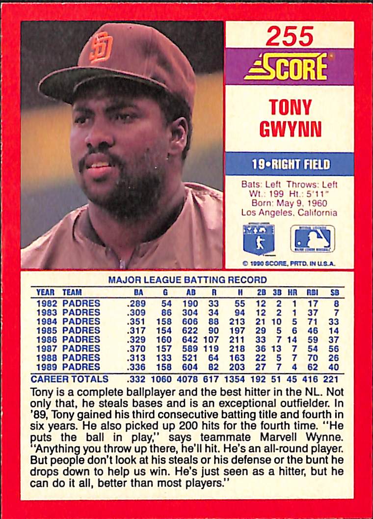 FIINR Baseball Card 1990 Score Tony Gwynn Baseball Card #385 - Mint Condition