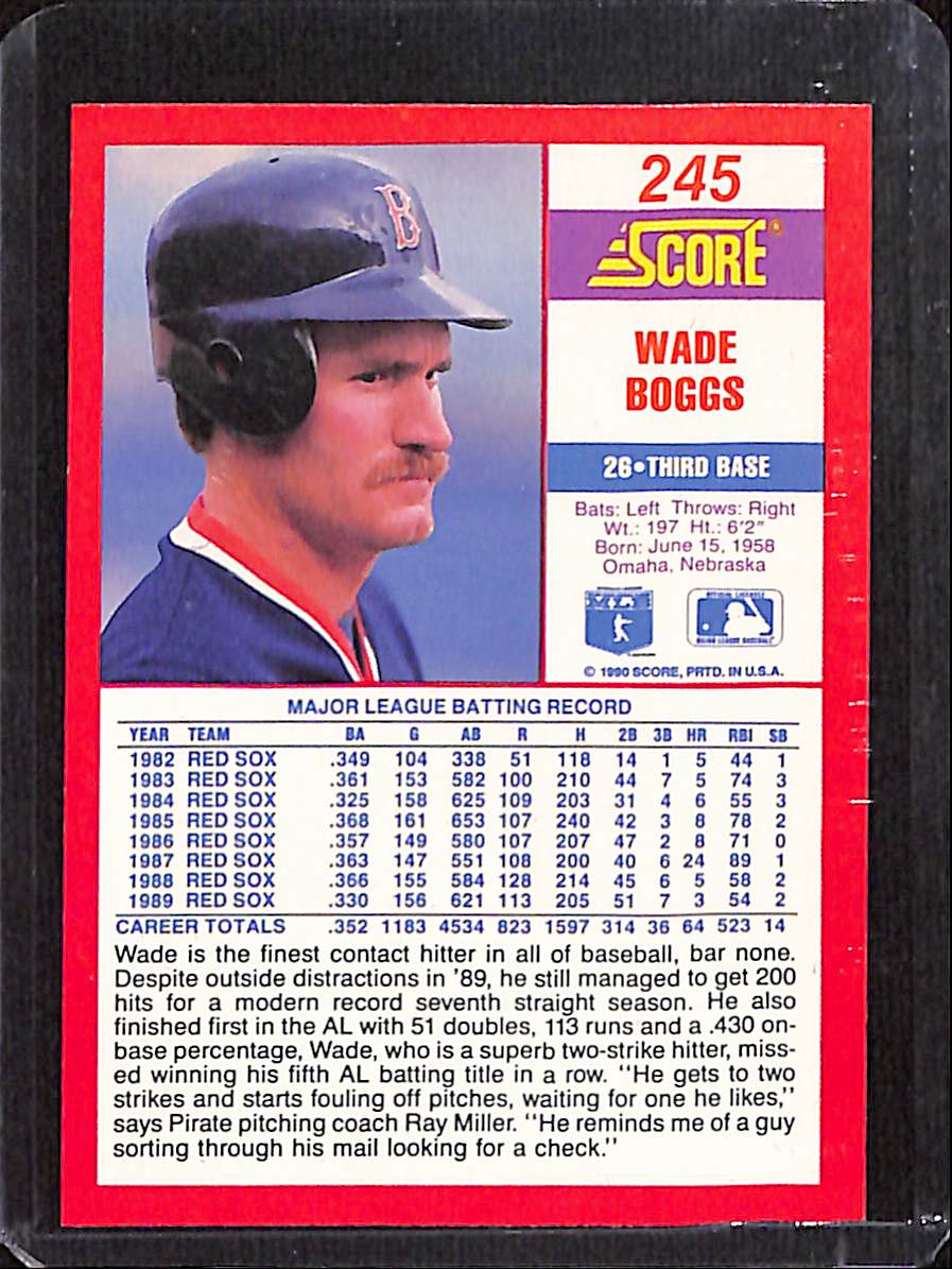 FIINR Baseball Card 1990 Score Wade Boggs Baseball Card #245 - Mint Condition