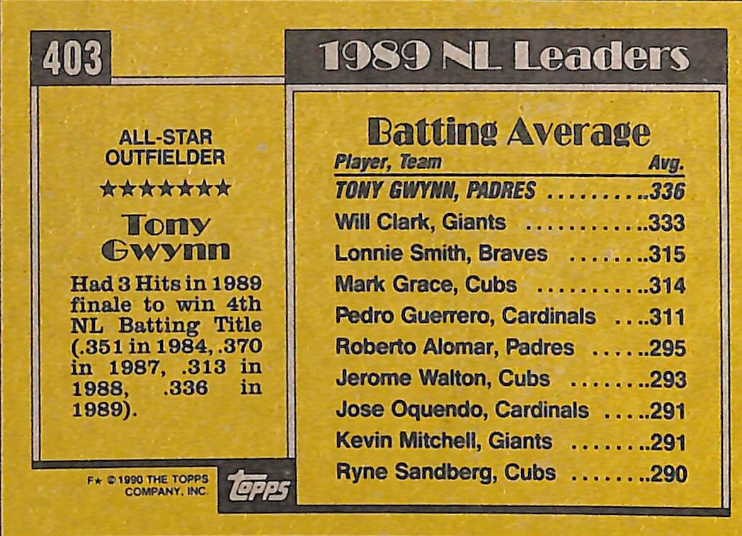 FIINR Baseball Card 1990 Topps All-Star Tony Gwynn MLB Baseball Card #403 - Mint Condition
