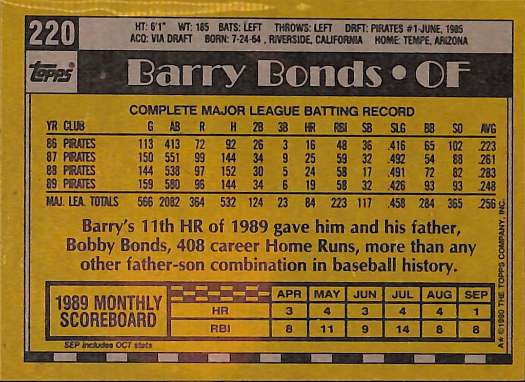 FIINR Baseball Card 1990 Topps Barry Bonds Baseball Card #220 - Mint Condition