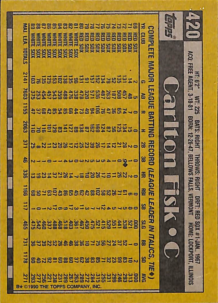 FIINR Baseball Card 1990 Topps Carlton Fisk Vintage MLB Baseball Card #420 - Mint Condition